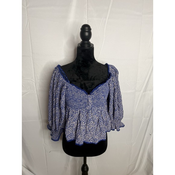 Free People Tops - Free People Britnee Floral Cropped Peplum Smocked Puff Sleeve‎ Top Small NWT